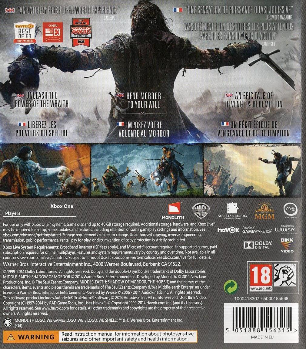 Middle-Earth: Shadow of Mordor - Xbox One Rückseite