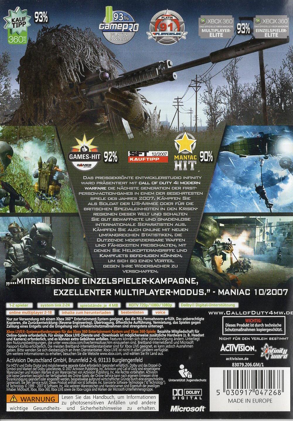Call of Duty 4: Modern Warfare - Xbox 360 Rückseite