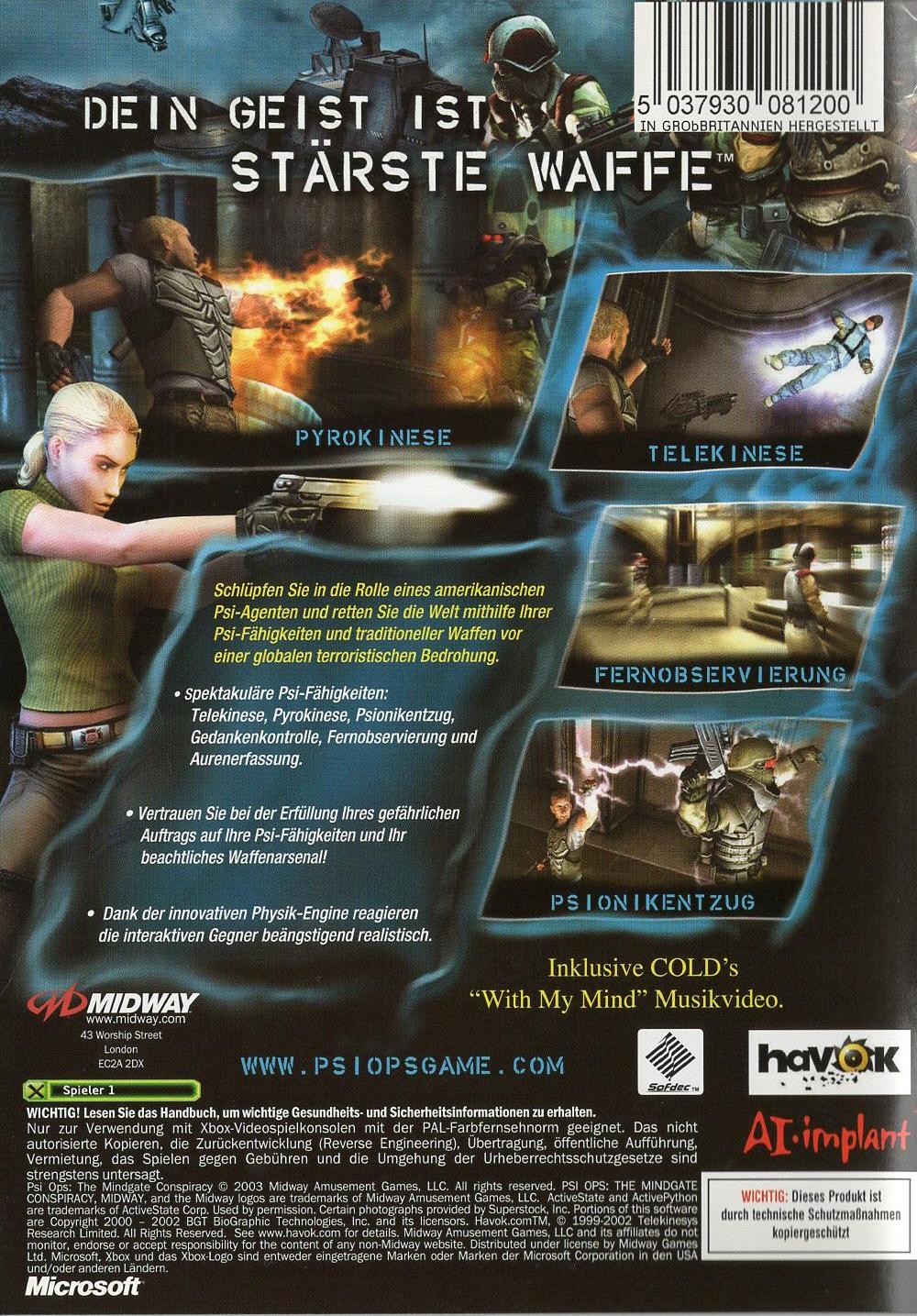 Psi-Ops: The Mindgate Conspiracy - Xbox Rückseite