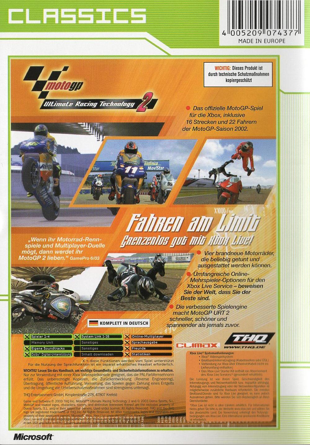 MotoGP Ultimate Racing Technology 2 - Xbox Rückseite