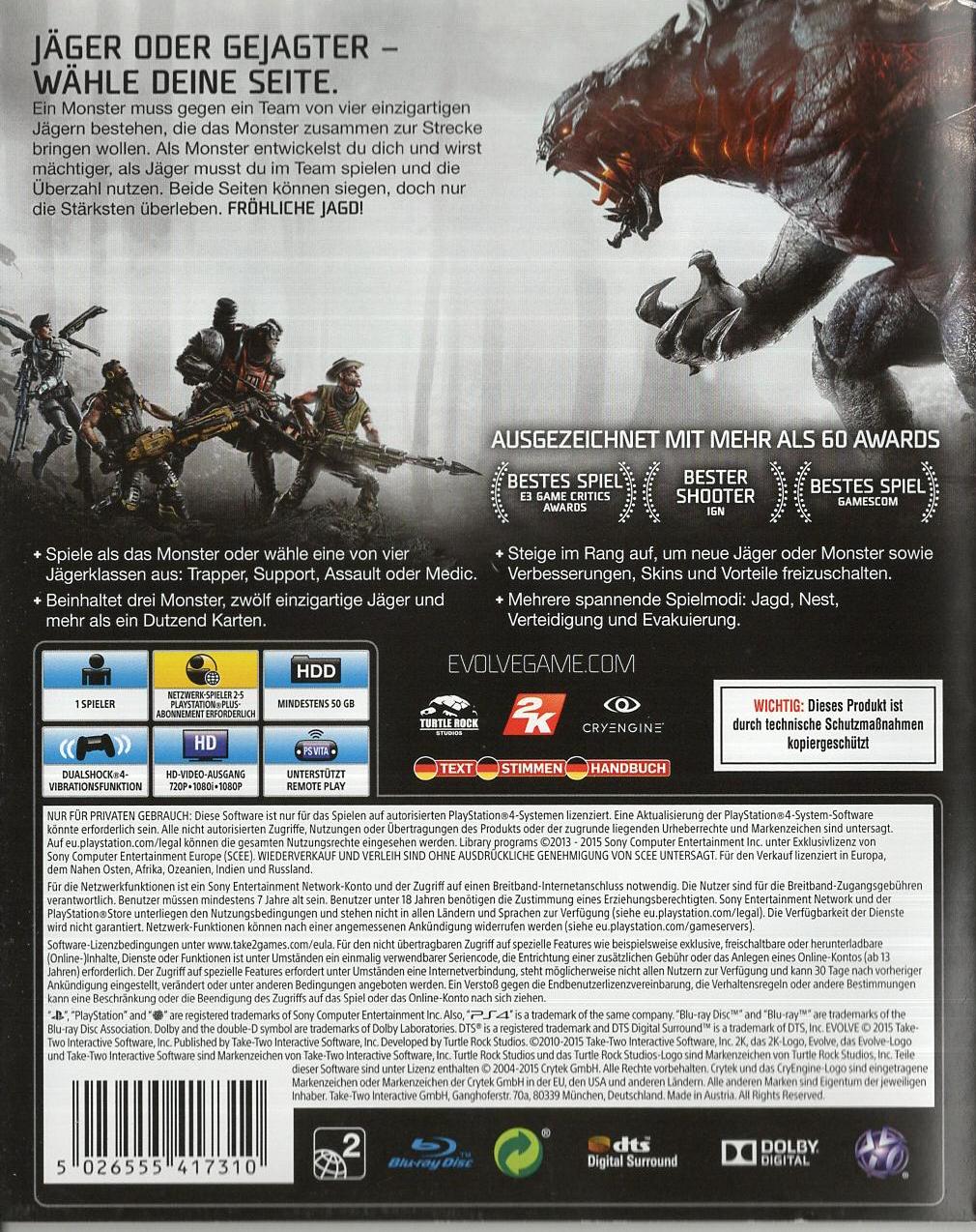 Evolve - PlayStation 4 Rückseite