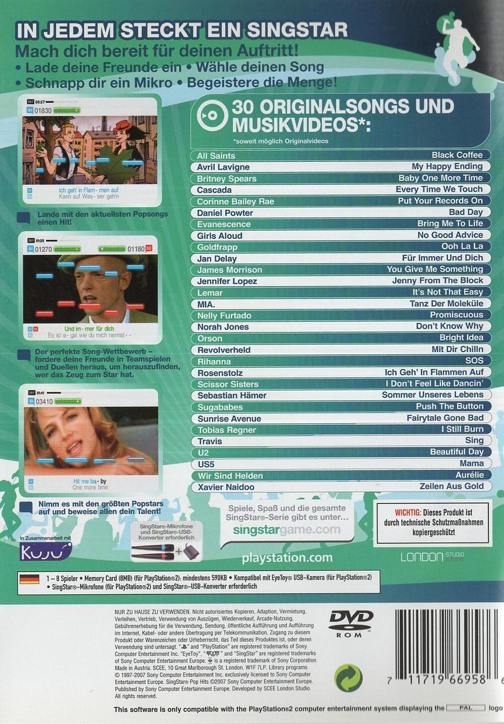 SingStar Pop Hits - PlayStation 2 Rückseite
