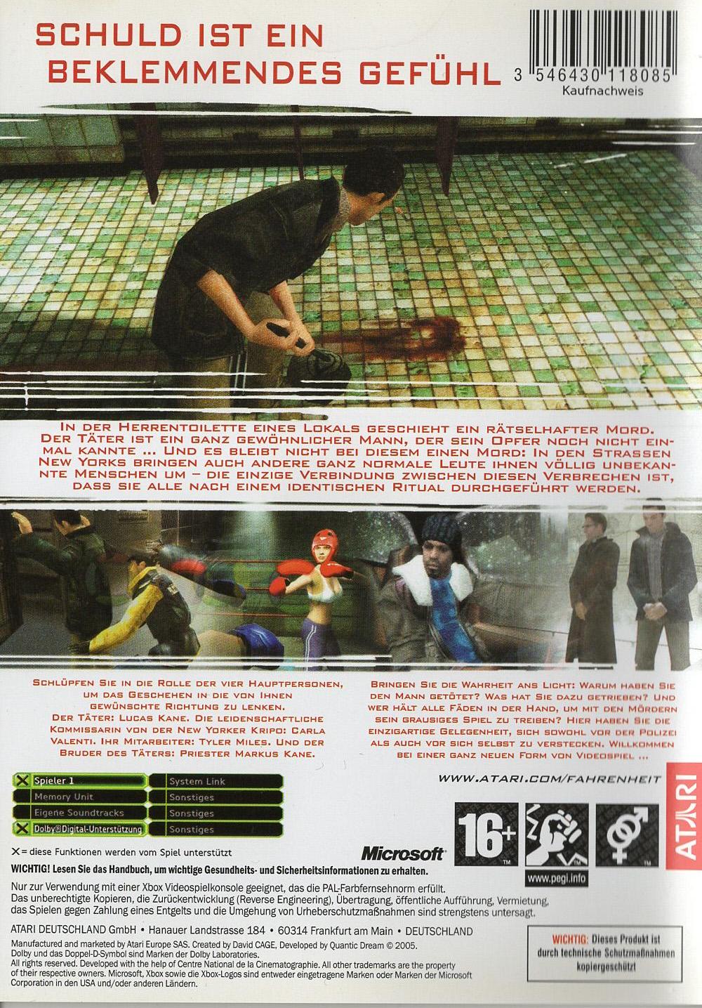 Fahrenheit - Xbox Rückseite