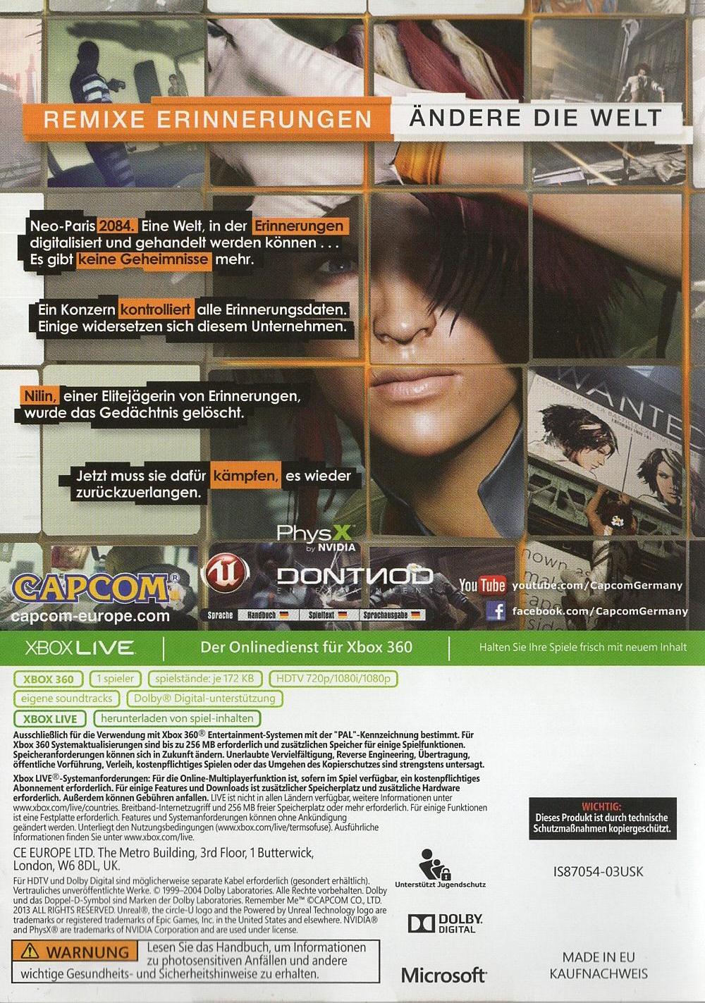 Remember Me - Xbox 360 Rückseite