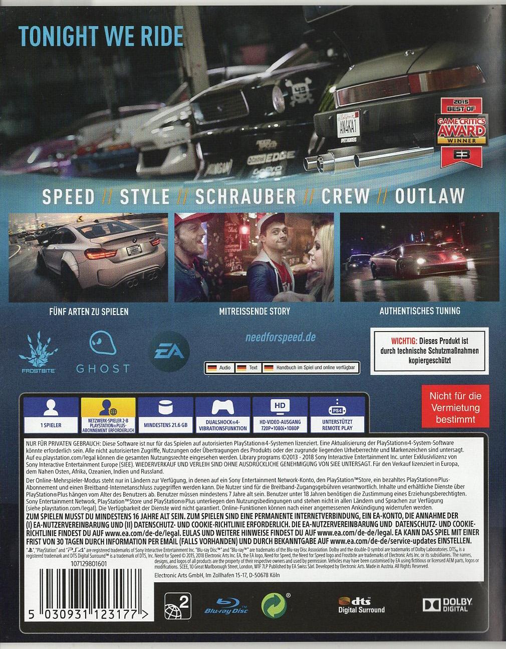 Need for Speed - PlayStation 4 Rückseite