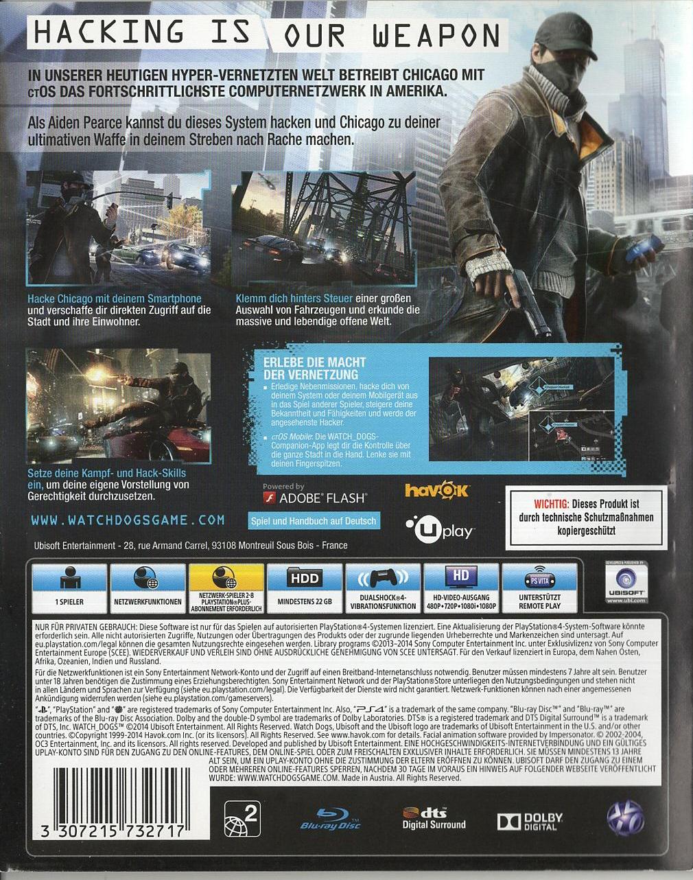 Watch Dogs - PlayStation 4 Rückseite