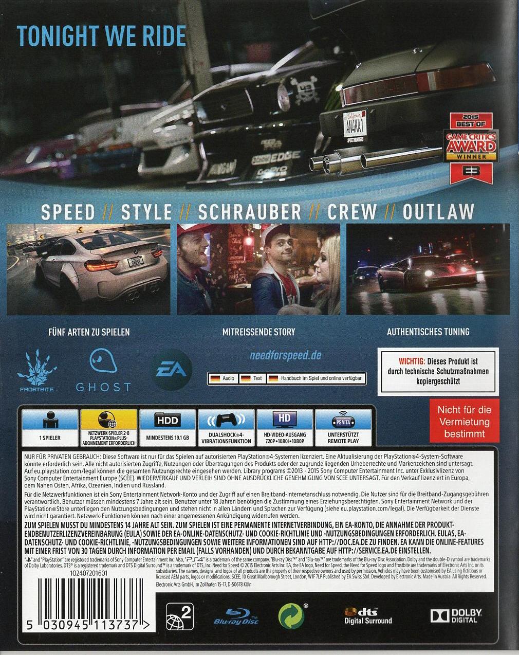 Need for Speed - PlayStation 4 Rückseite