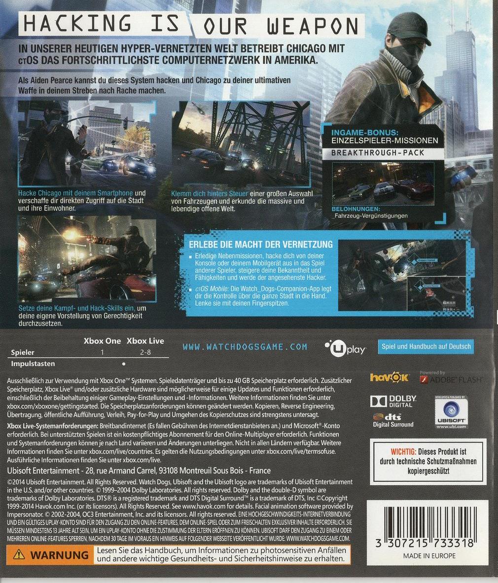 Watch Dogs - Xbox One Rückseite