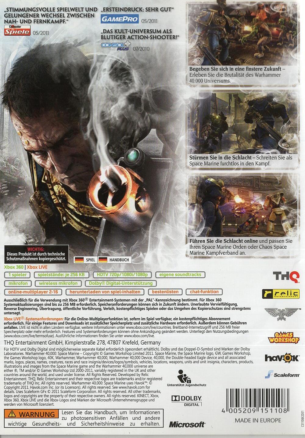 Warhammer 40,000: Space Marine - Xbox 360 Rückseite
