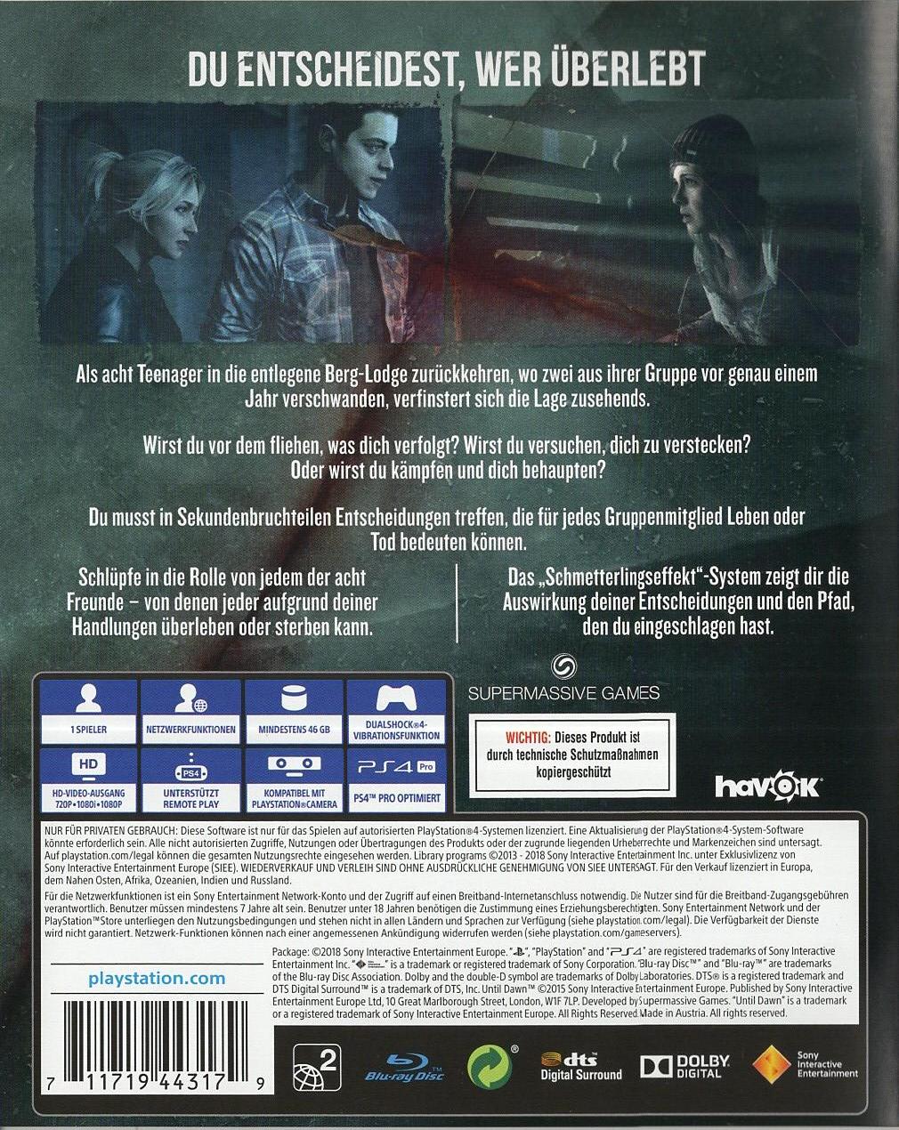 Until Dawn - PlayStation 4 Rückseite