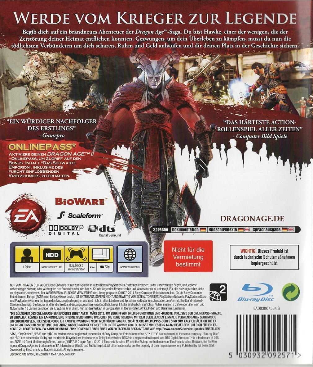 Dragon Age II - PlayStation 3 Rückseite