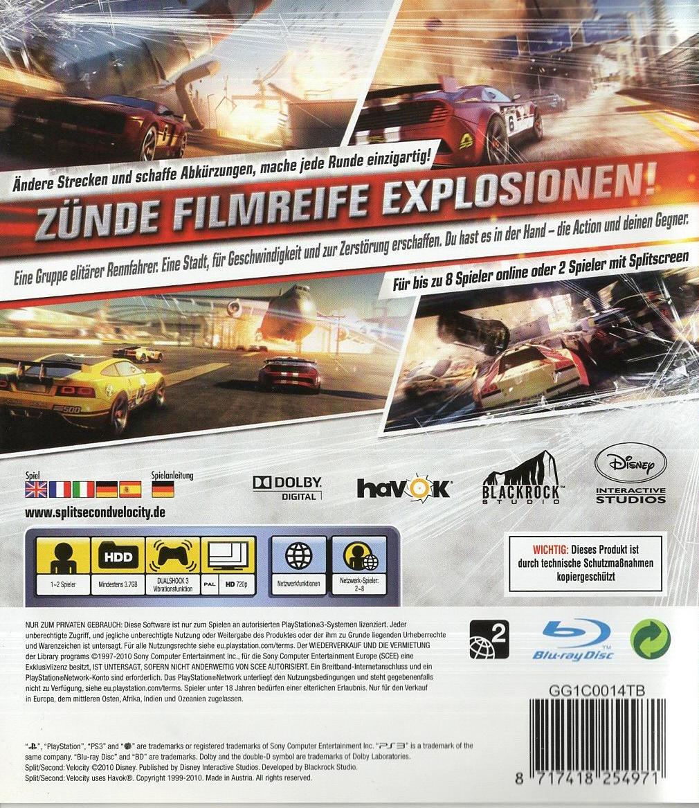 Split/Second: Velocity - PlayStation 3 Rückseite