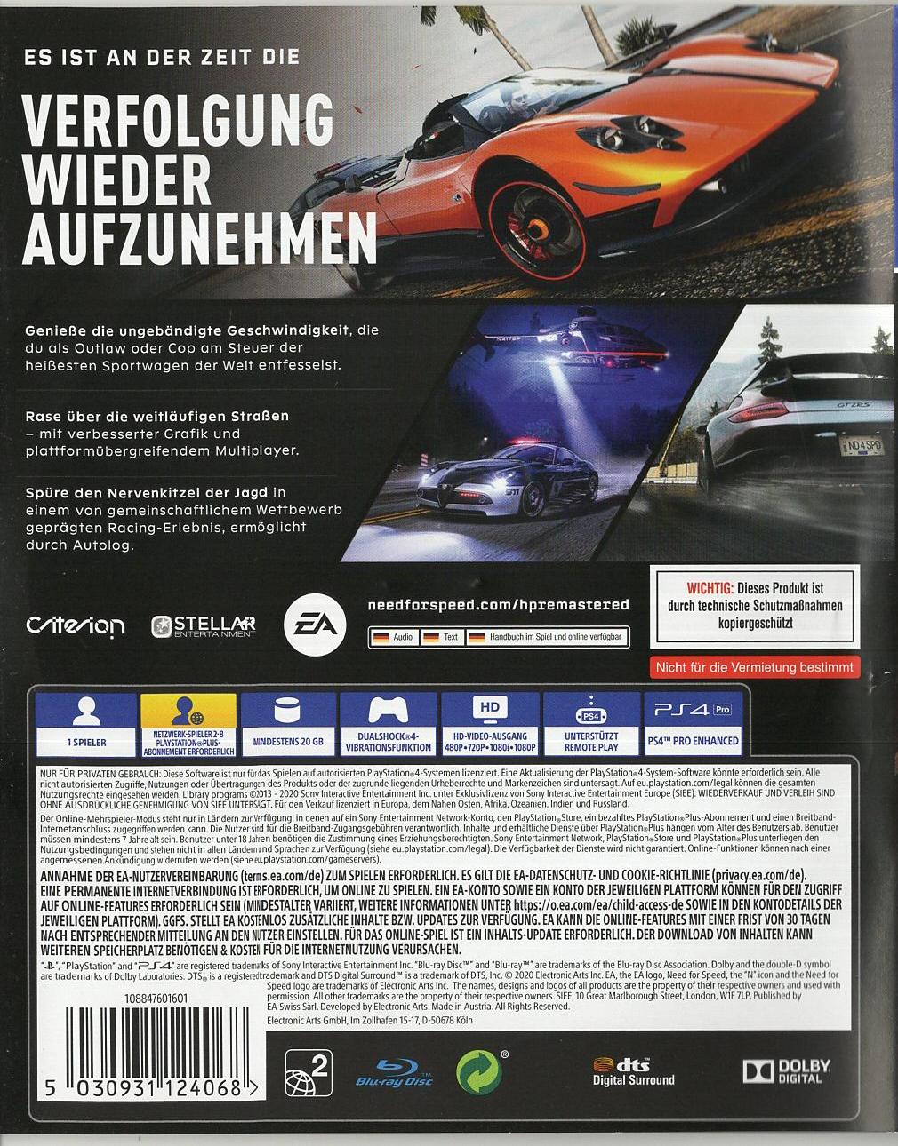 Need for Speed: Hot Pursuit Remastered - PlayStation 4 Rückseite