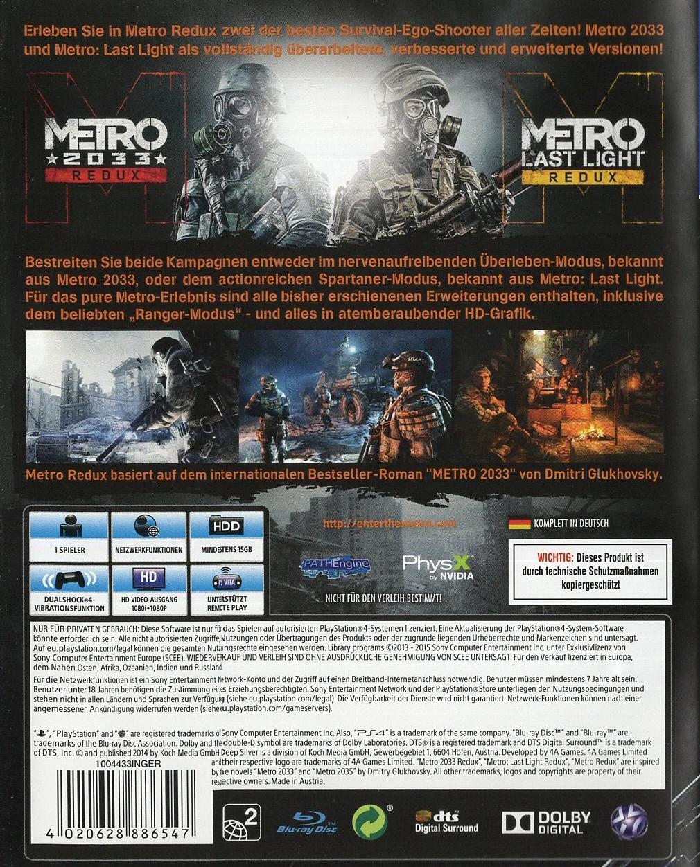Metro Redux - PlayStation 4 Rückseite