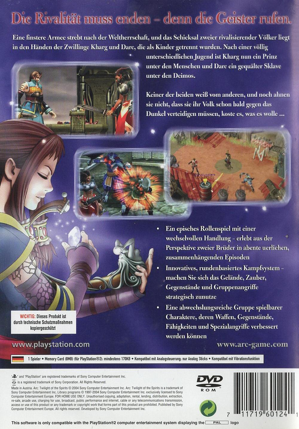 Arc: Twilight of the Spirits - PlayStation 2 Rückseite