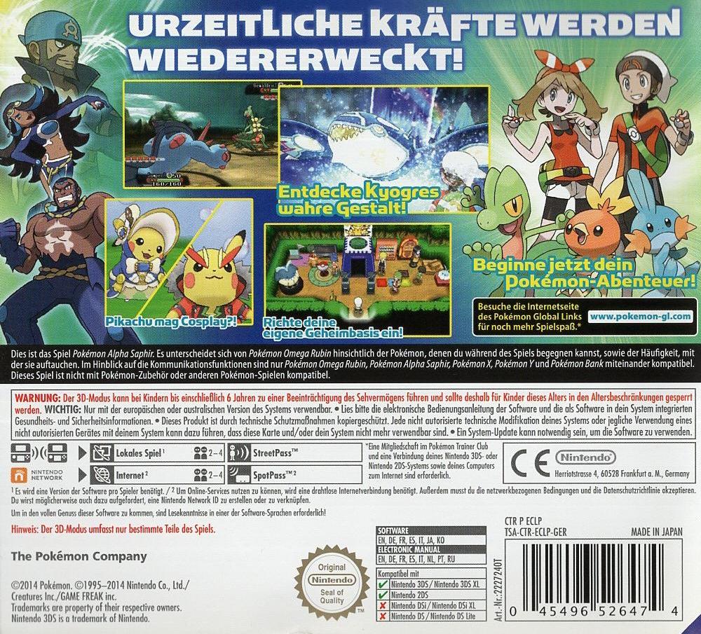 Pokémon Alpha Saphir - Nintendo 3DS Rückseite
