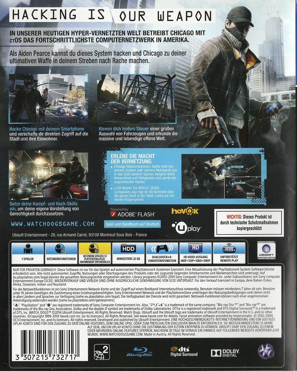 Watch Dogs - PlayStation 4 Rückseite
