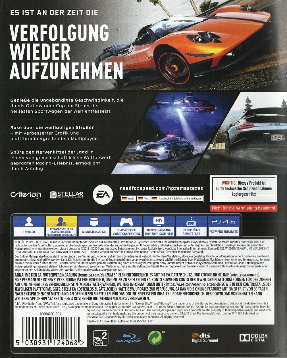 Need for Speed: Hot Pursuit Remastered - PlayStation 4 Rückseite