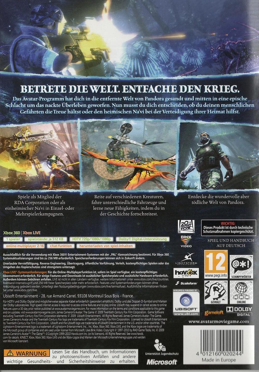 James Cameron's Avatar: Das Spiel - Xbox 360 Rückseite