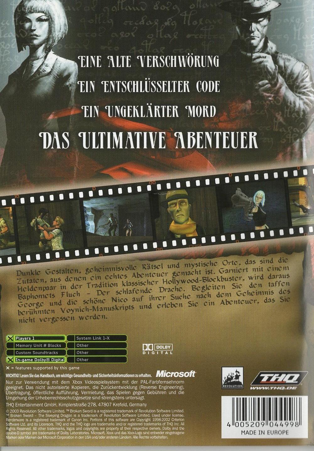 Baphomets Fluch: Der schlafende Drache - Xbox Rückseite