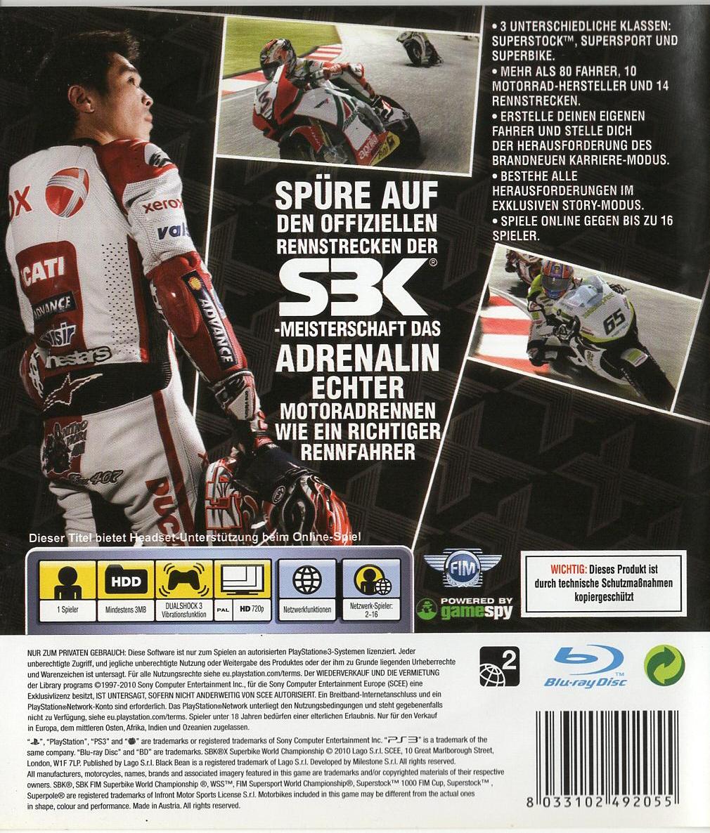 SBK X: Superbike World Championship - PlayStation 3 Rückseite