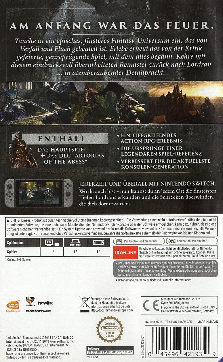 Dark Souls Remastered - Nintendo Switch Rückseite