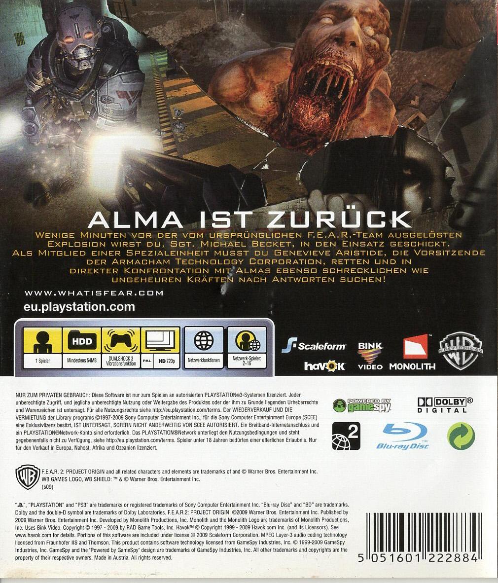 F.E.A.R. 2: Project Origin - PlayStation 3 Rückseite