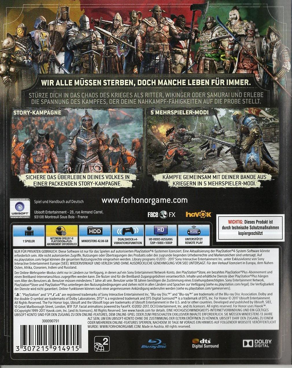 For Honor - PlayStation 4 Rückseite