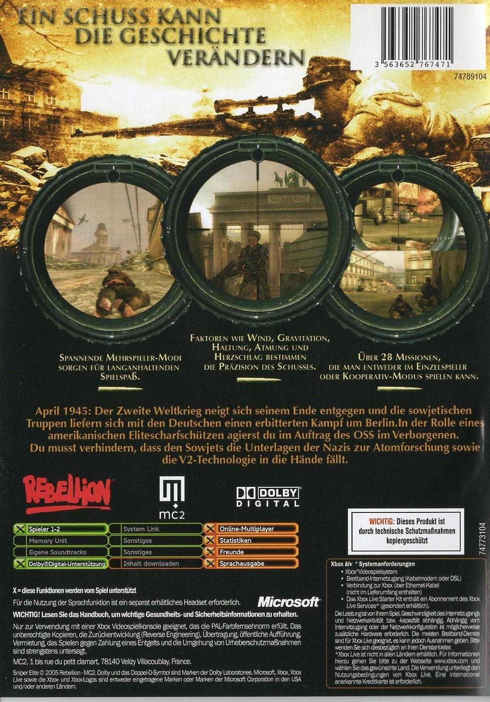 Sniper Elite - Xbox Rückseite
