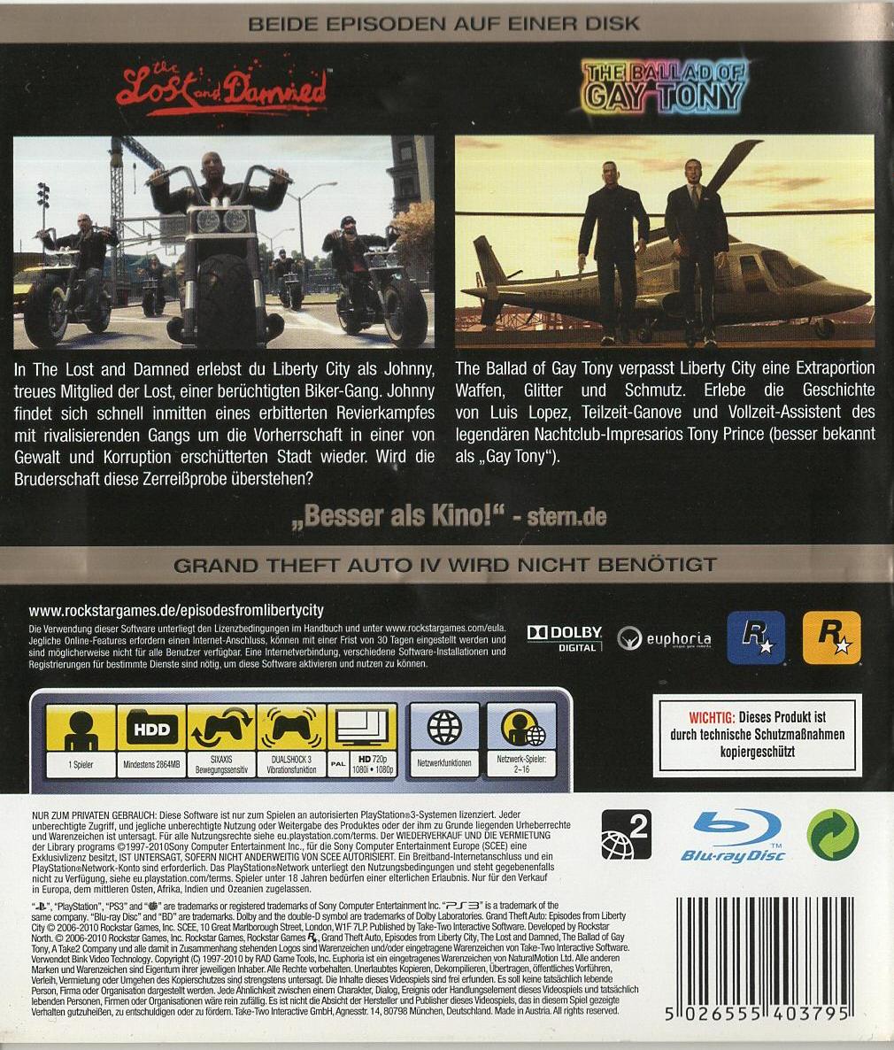 Grand Theft Auto: Episodes from Liberty City - PlayStation 3 Rückseite