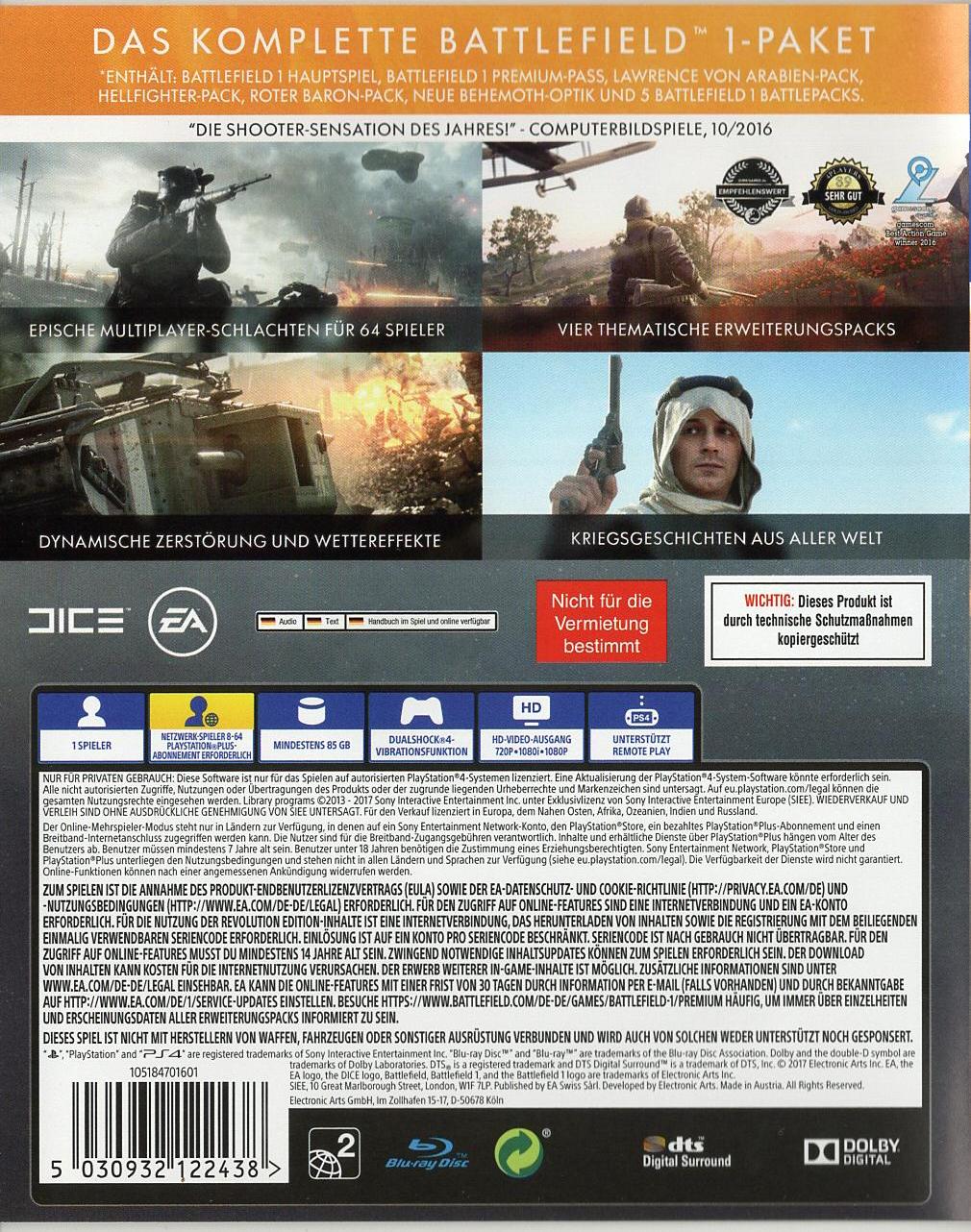 Battlefield 1 Revolution - PlayStation 4 Rückseite