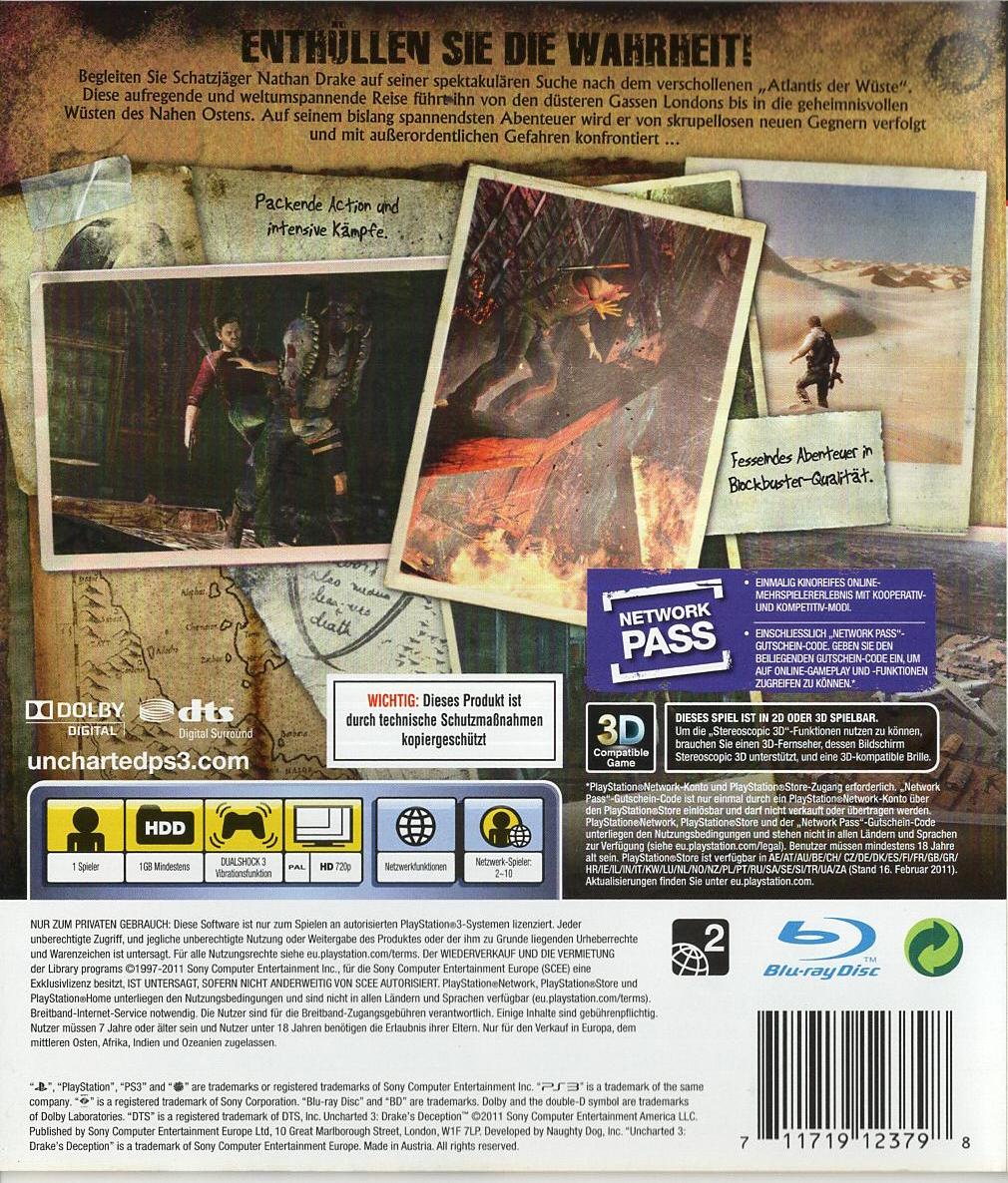 Uncharted 3: Drake's Deception - PlayStation 3 Rückseite