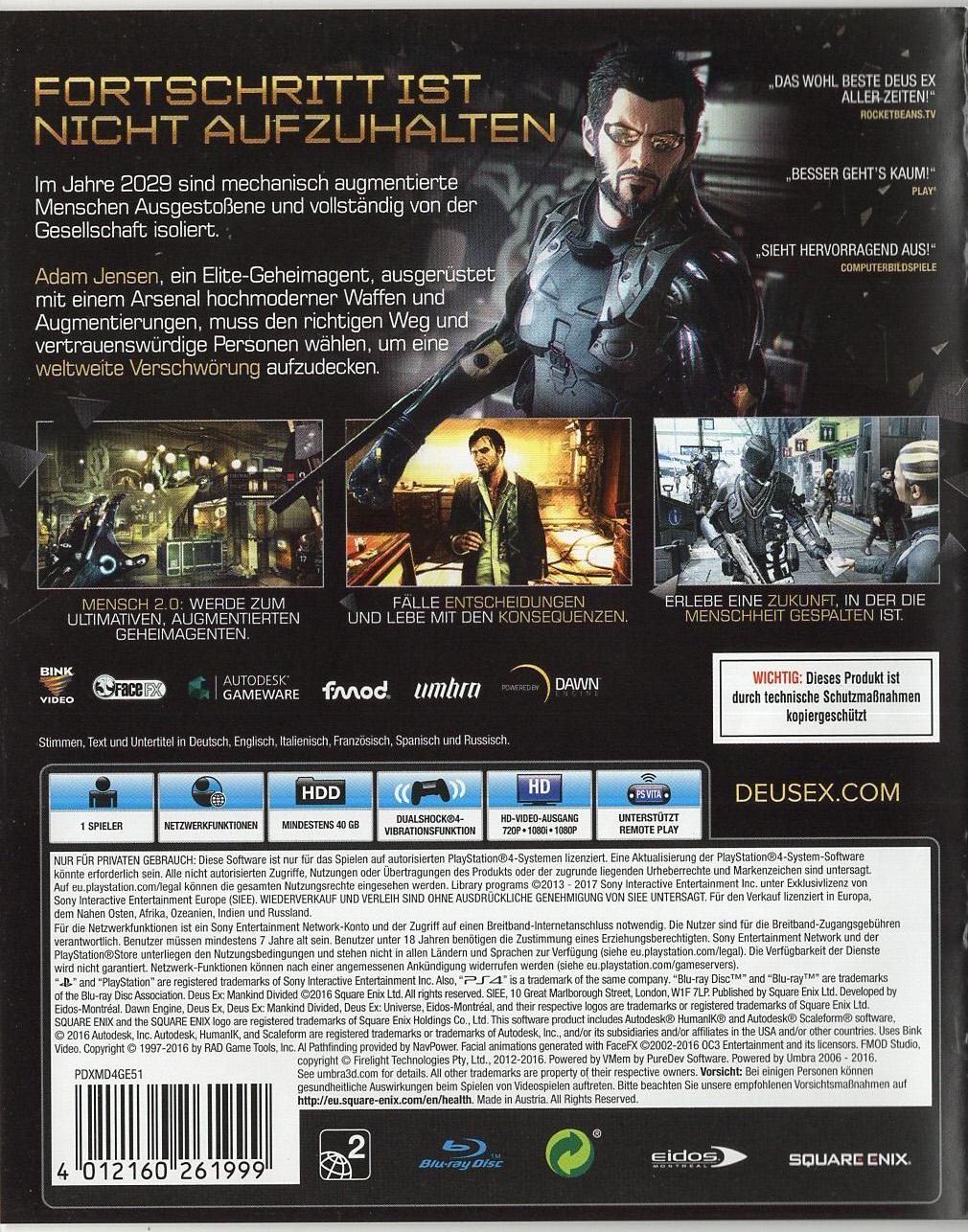 Deus Ex: Mankind Divided - PlayStation 4 Rückseite
