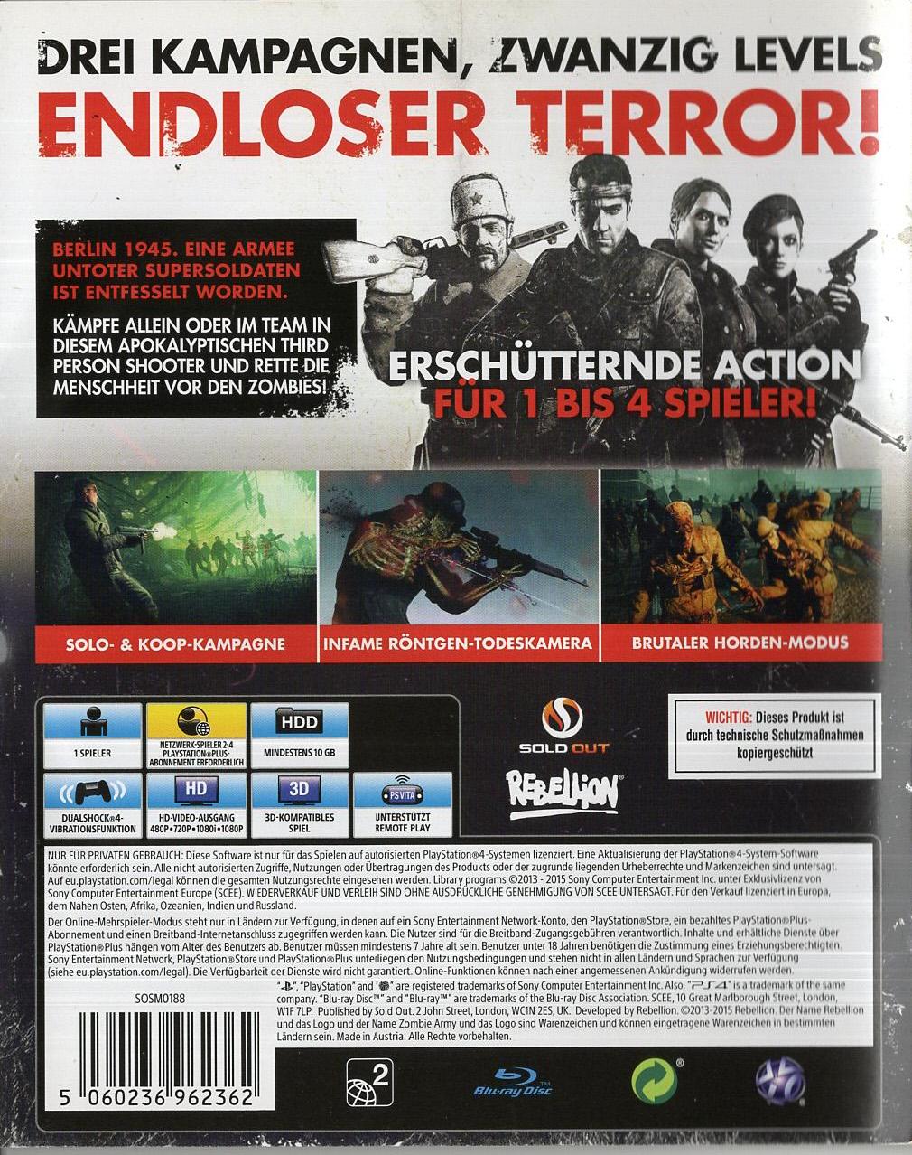 Zombie Army Trilogy - PlayStation 4 Rückseite