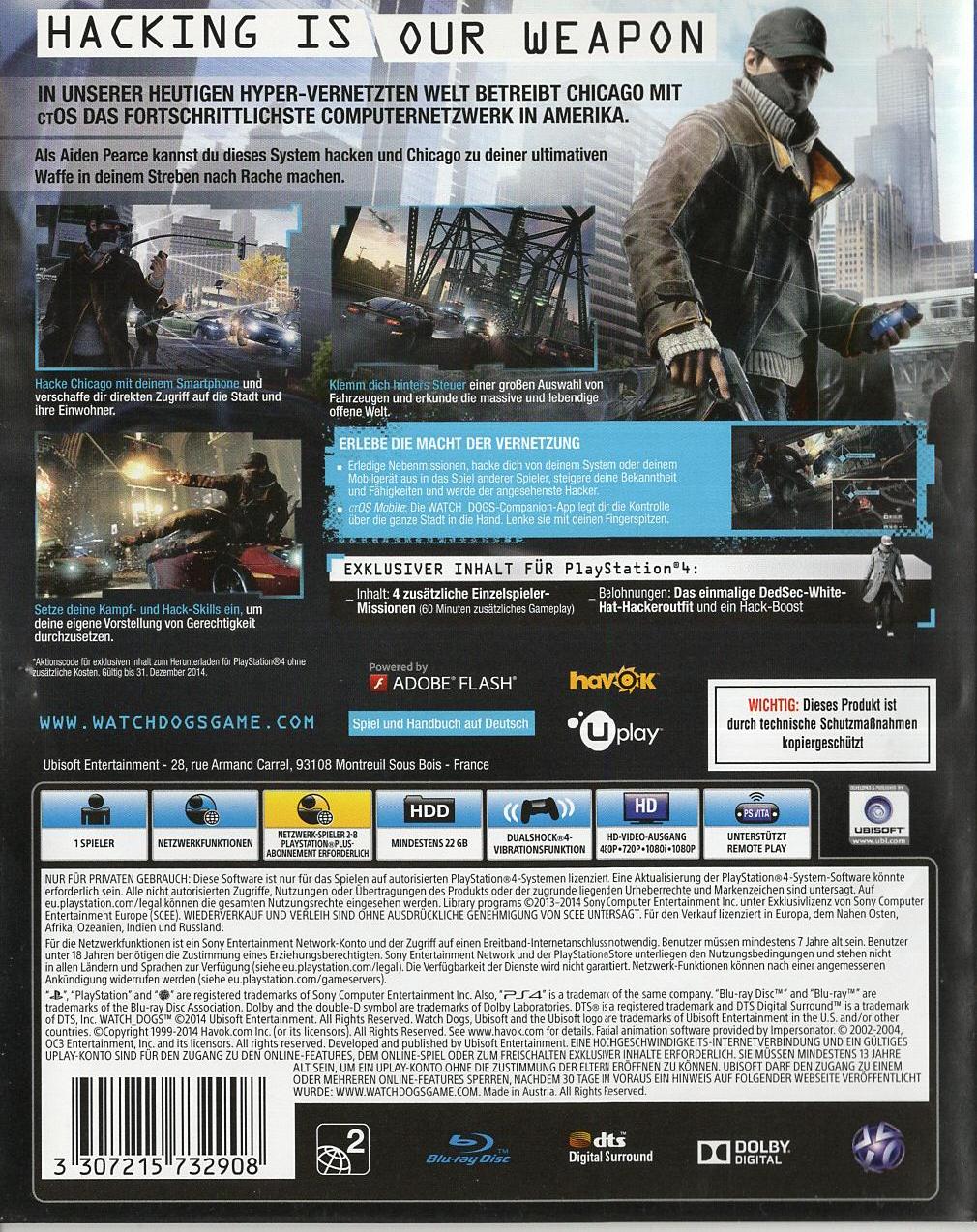 Watch Dogs - PlayStation 4 Rückseite