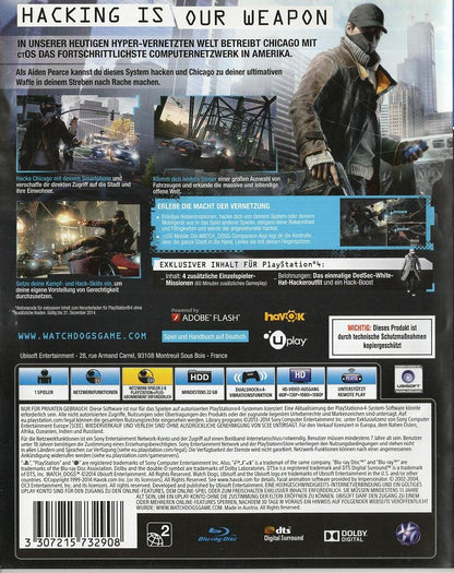 Watch Dogs - PlayStation 4 Rückseite