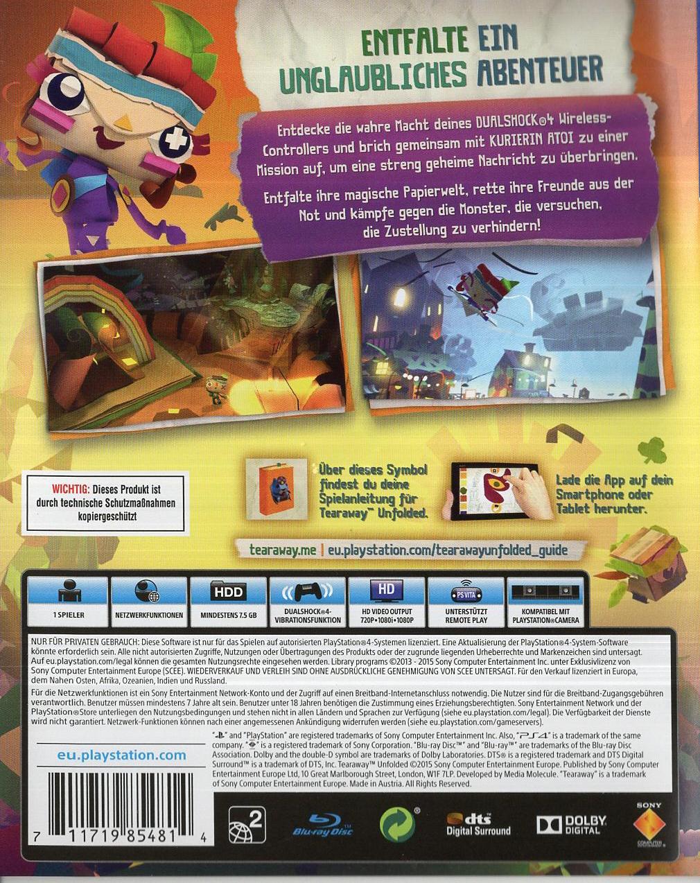 Tearaway Unfolded - PlayStation 4 Rückseite