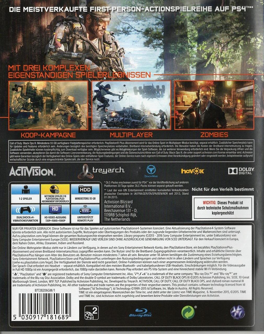 Call of Duty: Black Ops III - PlayStation 4 Rückseite
