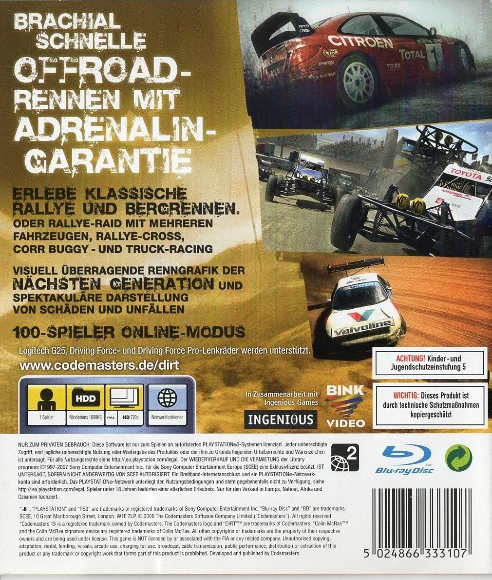 Colin McRae: DiRT - PlayStation 3 Rückseite