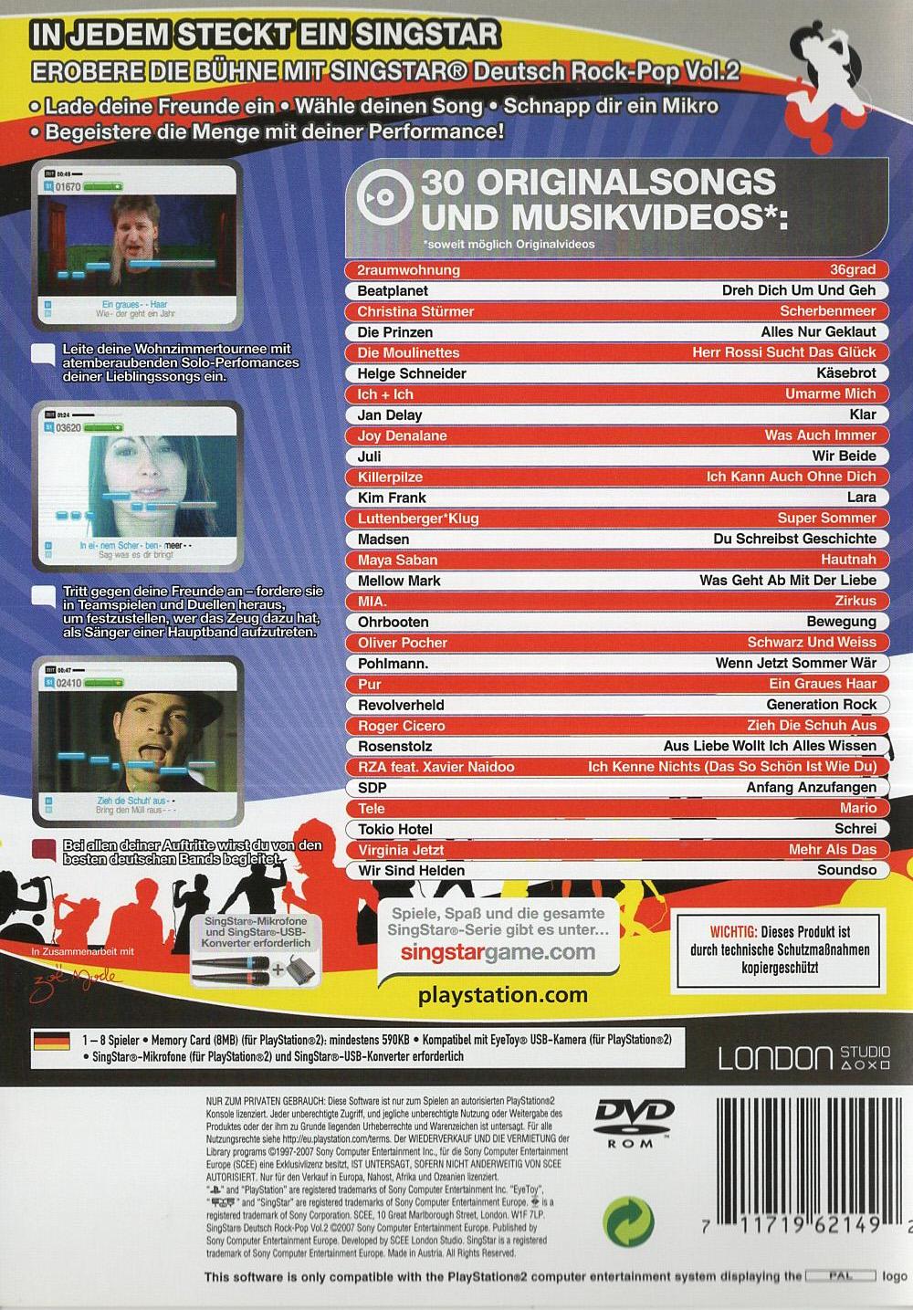 SingStar Deutsch Rock-Pop Vol. 2 - PlayStation 2 Rückseite