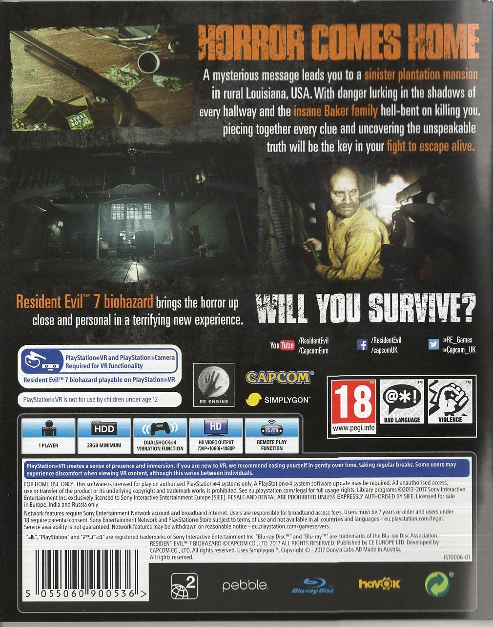 Resident Evil 7: Biohazard - PlayStation 4 Rückseite