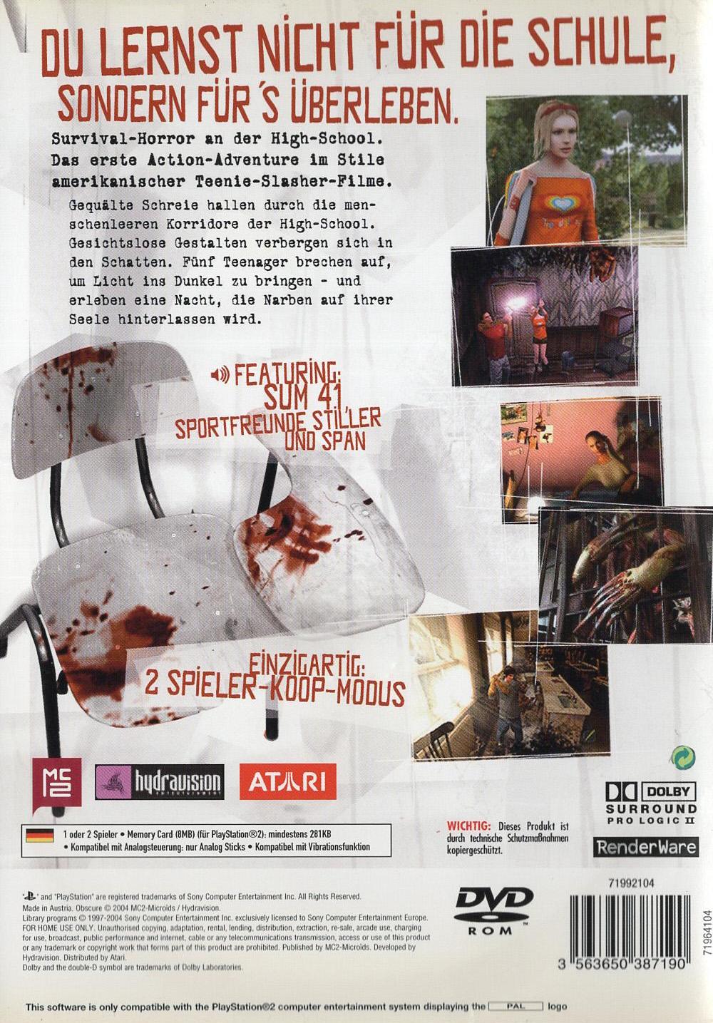 Obscure - PlayStation 2 Rückseite