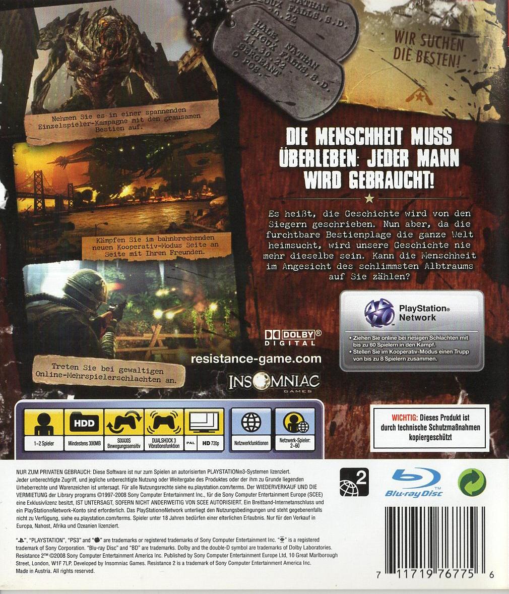 Resistance 2 - PlayStation 3 Rückseite