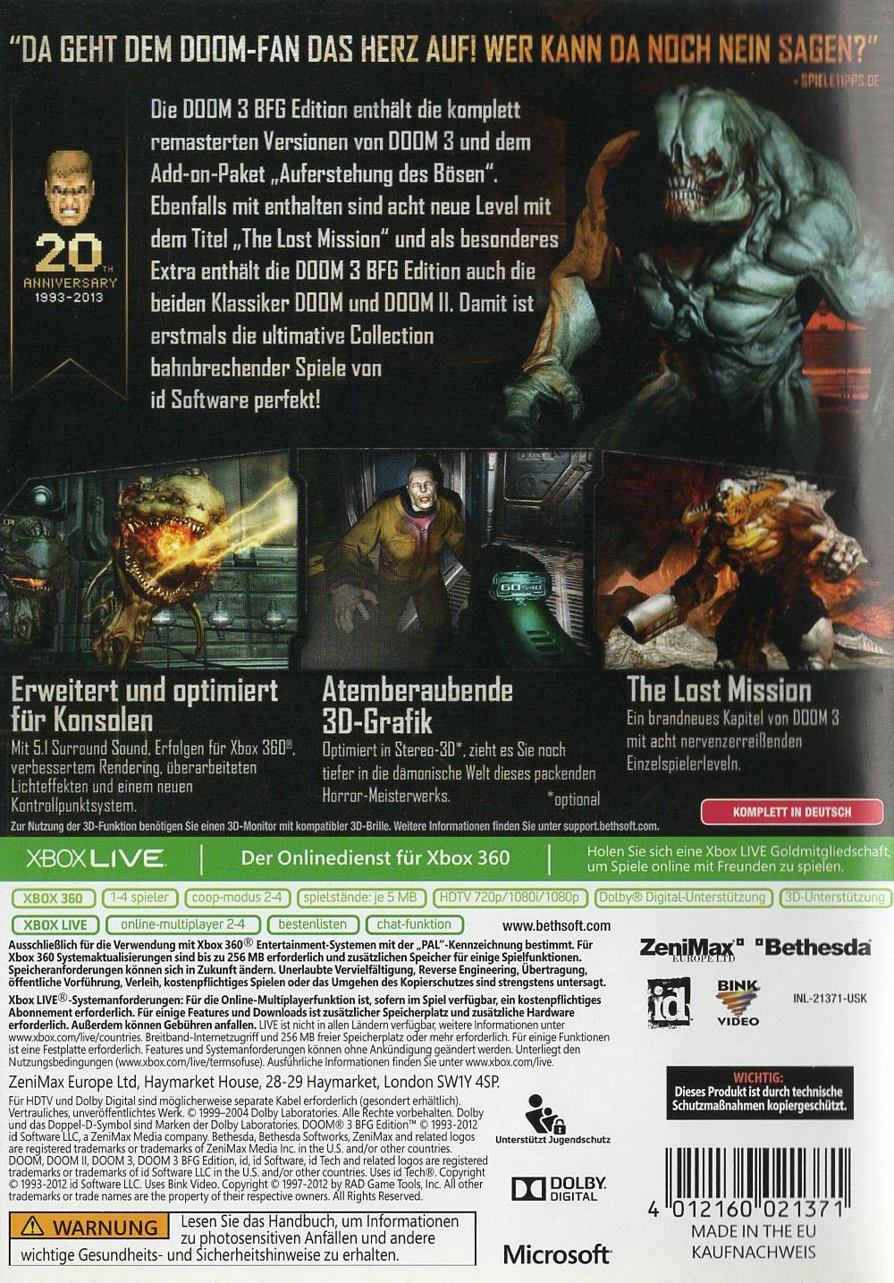 DOOM 3 BFG Edition - Xbox 360 Rückseite