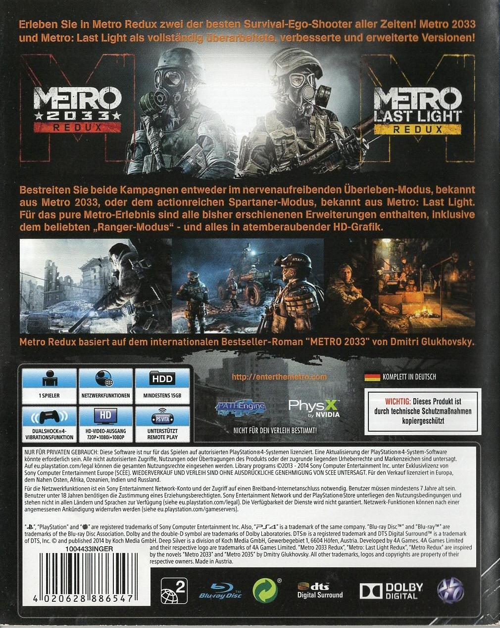 Metro Redux - PlayStation 4 Rückseite