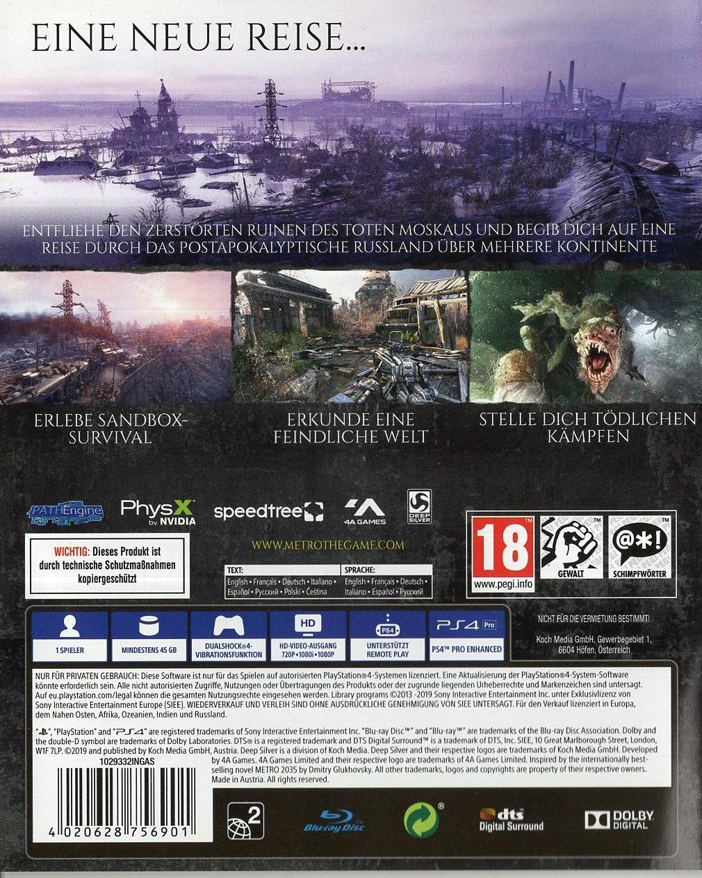 Metro Exodus - PlayStation 4 Rückseite