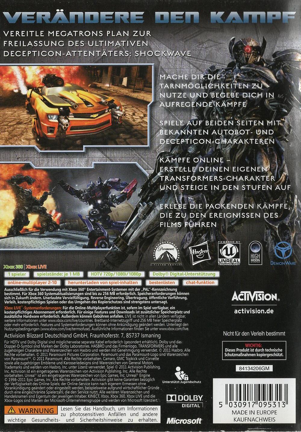 Transformers 3 - Xbox 360 Rückseite