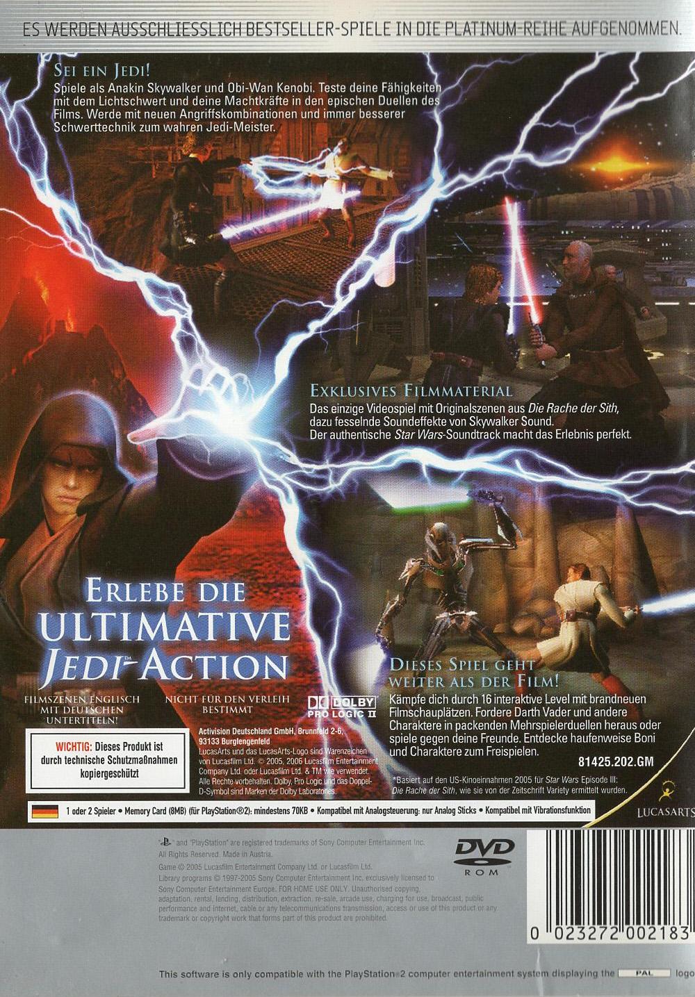 Star Wars Episode III: Die Rache der Sith - PlayStation 2 Rückseite
