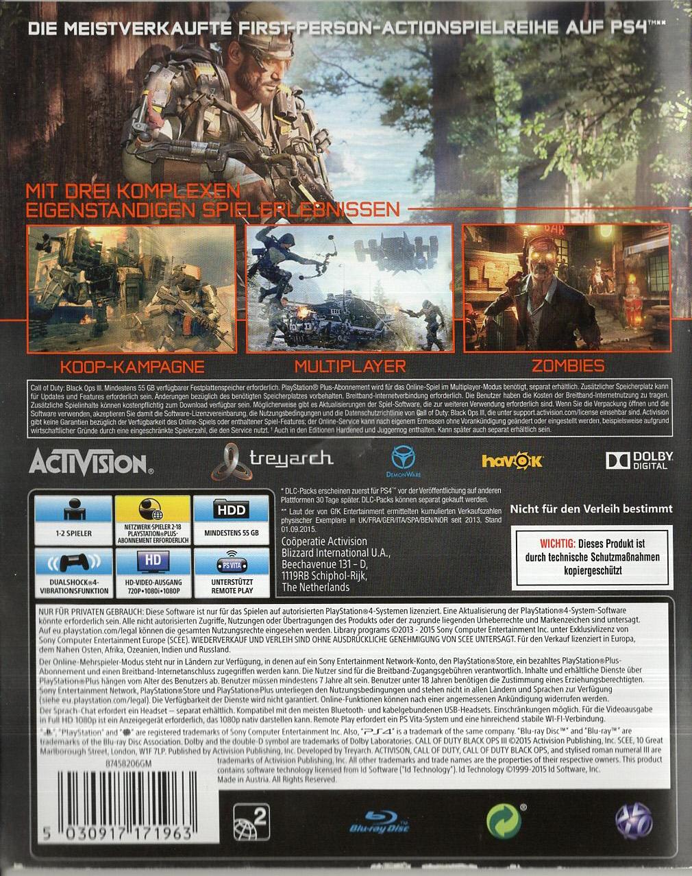 Call of Duty: Black Ops III - PlayStation 4 Rückseite