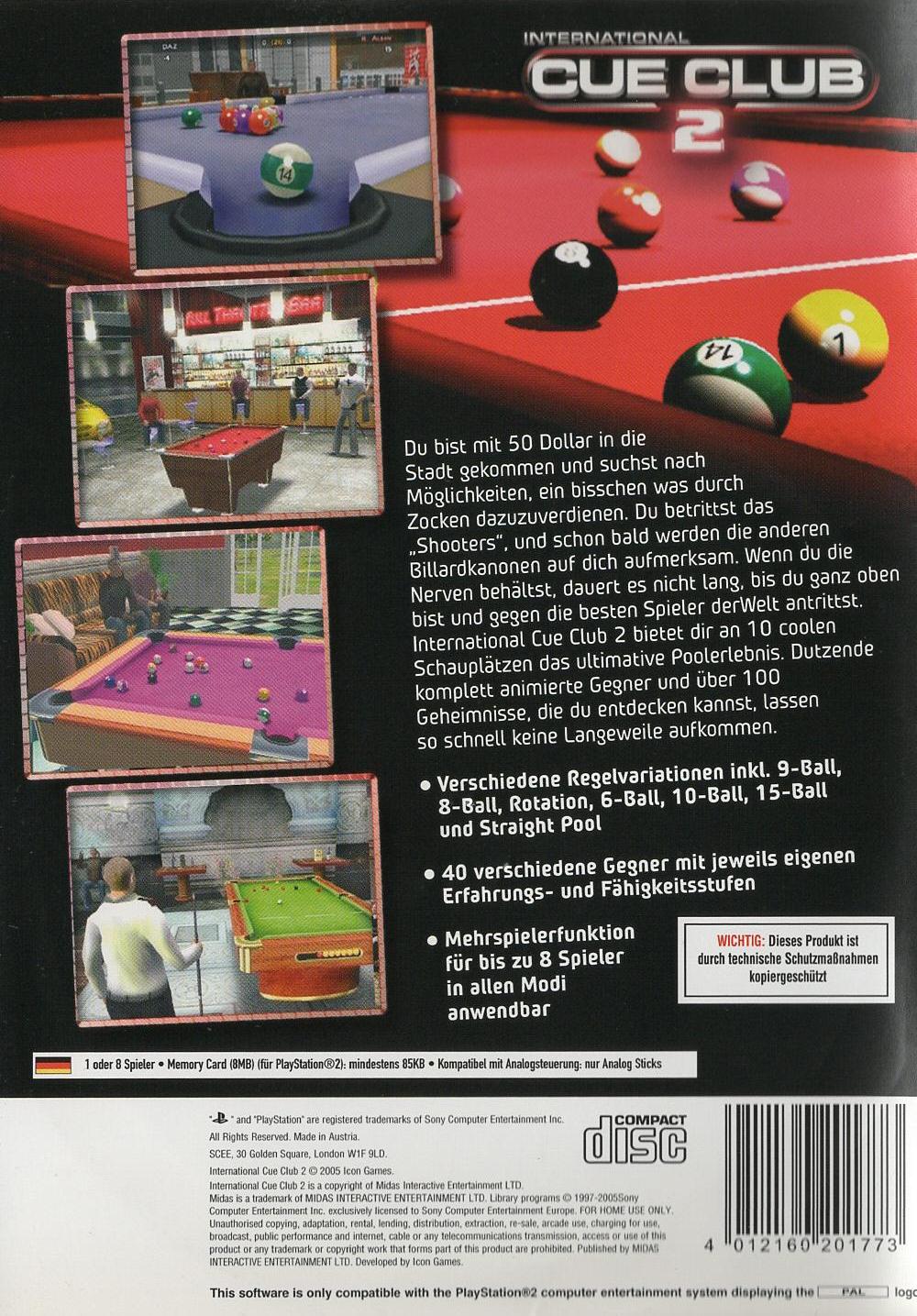 International Cue Club 2 - PlayStation 2 Rückseite